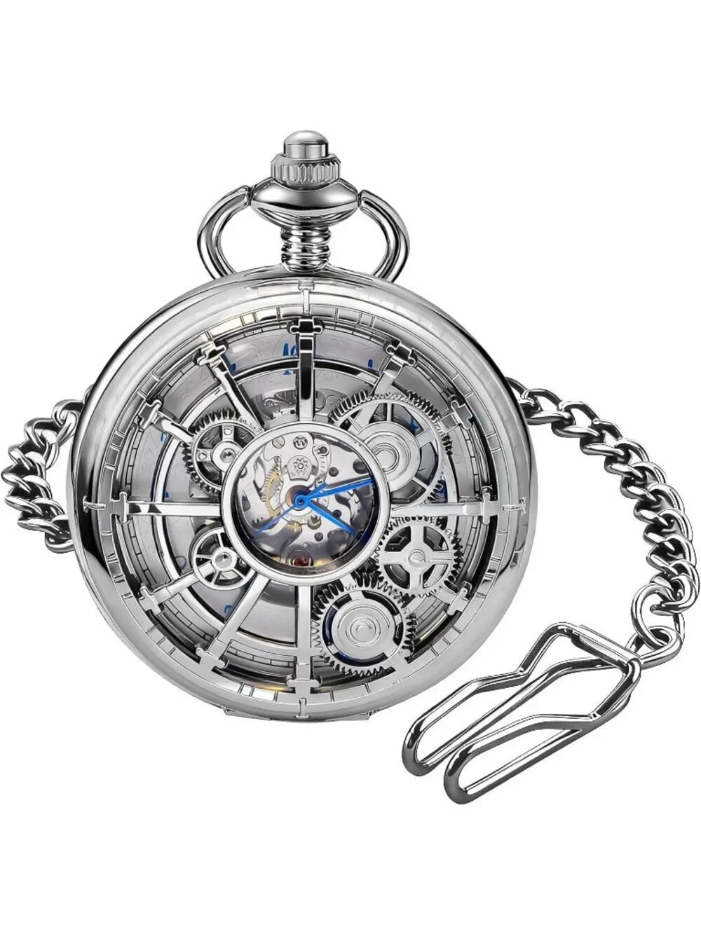 Men's Silver Vintage Style Hollow-Out Round Gear Arabic Mechanical Pocket Watch